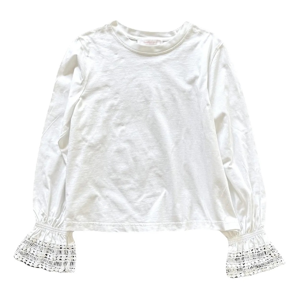 See By Chloe White Long-Sleeve Tee with Lace Bell Cuffs